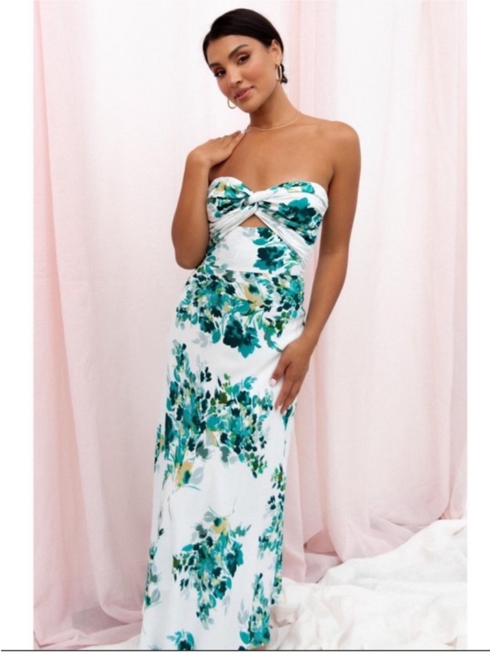 Twist top Strapless White Maxi Dress with Teal Floral Print